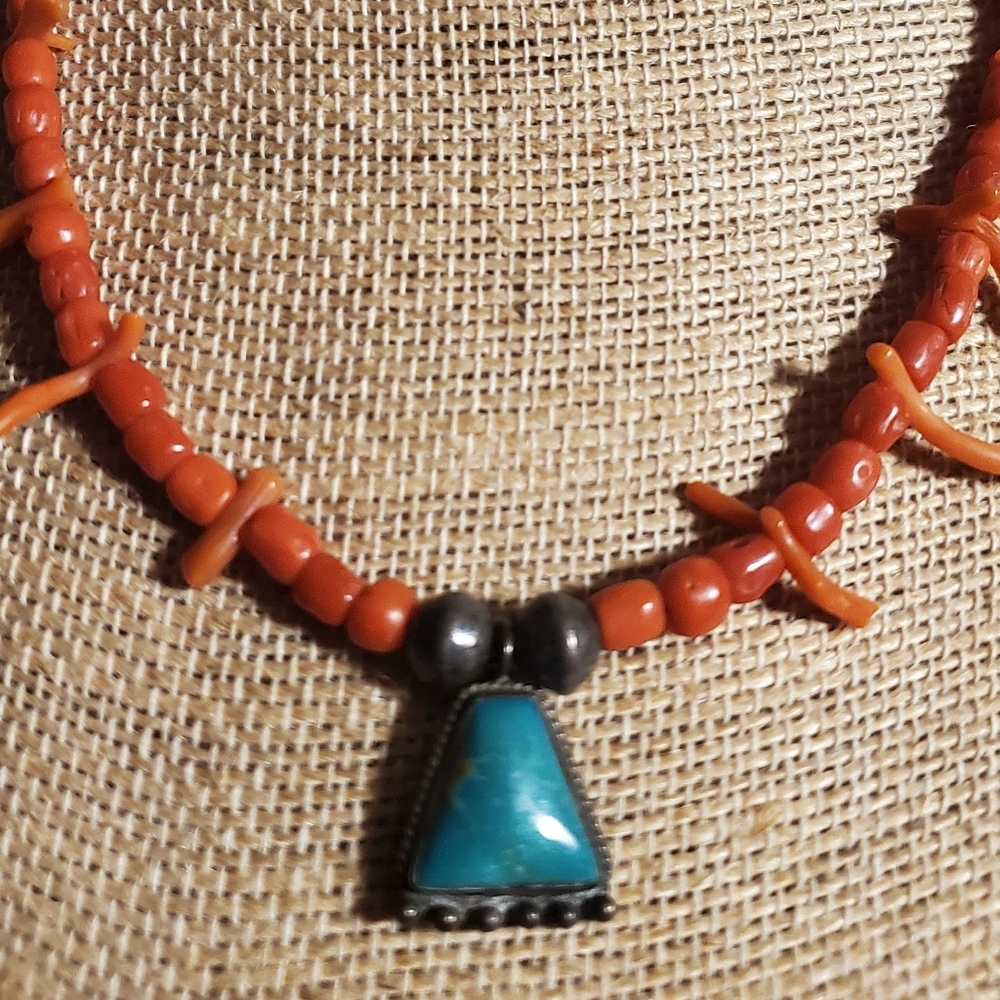 Native American Coral Turquoise Bead Necklace Sterling Silver Bench Bead Vintage